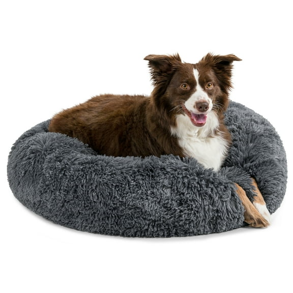 PetAmi Calming Dog Bed for Small Medium Dog Cat, Round Donut Dog Bed Washable, Fluffy Faux Fur Plush Cuddler Pet Kitten Cushion Bed, Anti-Slip, Fits up to 45 lbs, 30 inch, Dark Gray