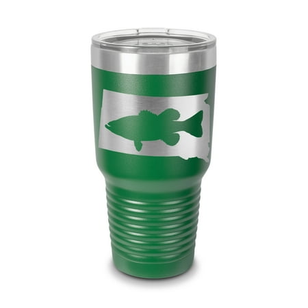 

South Dakota Bass Tumbler 30 oz - Laser Engraved w/ Clear Lid - Stainless Steel - Vacuum Insulated - Double Walled - Travel Mug - state shaped largemouth fishing fish sd - Green