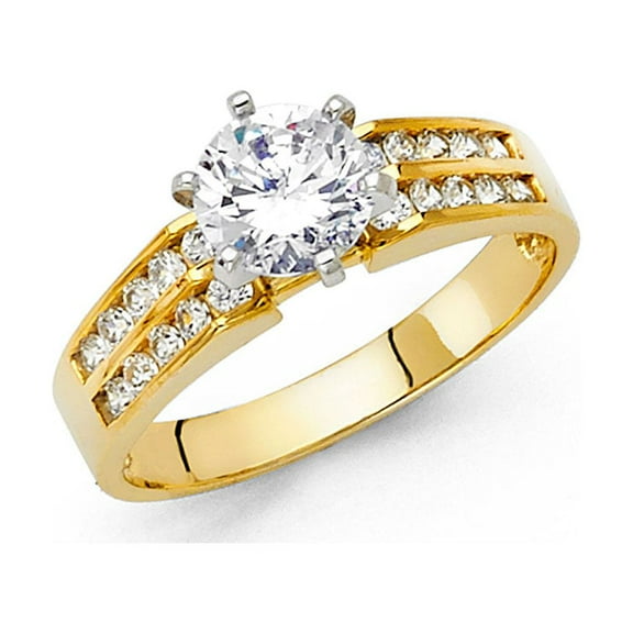 14k Yellow Gold CZ Round Engagement Ring Anniversary Solitaire Ring Two 2 Row Side Stones Band Size 7