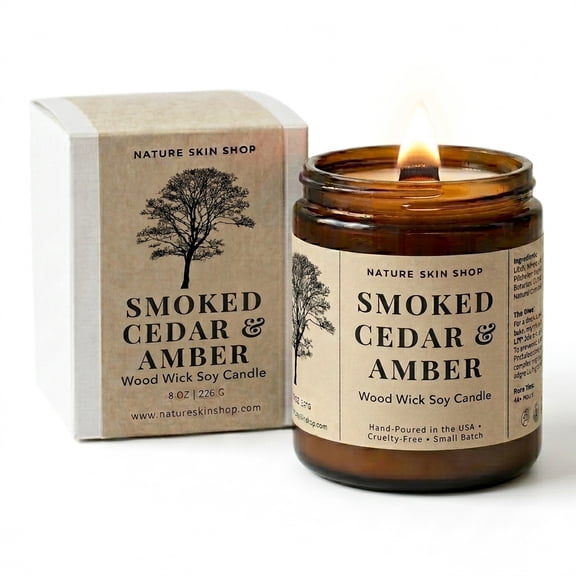 Nature Skin Shop Smoked Cedar and Amber Artisan Soy Candle Wood Wick Aromatherapy Crackling Vegan 8 oz