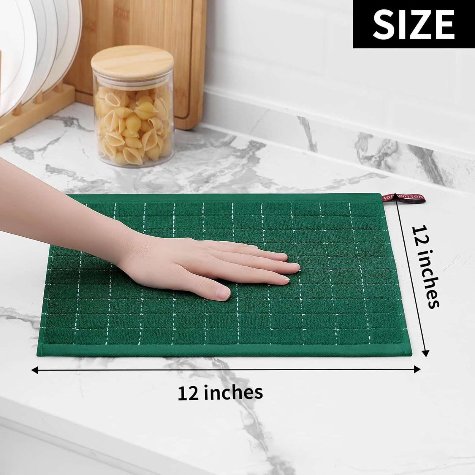 Cotton Terry Kitchen Towels(12*12inches), Checkered Designed, Soft and Super Absorbent Dish Towels, 4 Pack - Dark green