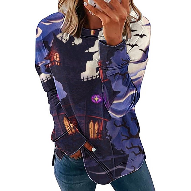 Qiopertar Mode Femmes Décontracté Imprimé Col Rond Manches Longues Blouse T-Shirt Pull Tops Offres de la Semaine Liquidation à Moins de 5$ jusqu'à 90 % de Réduction
