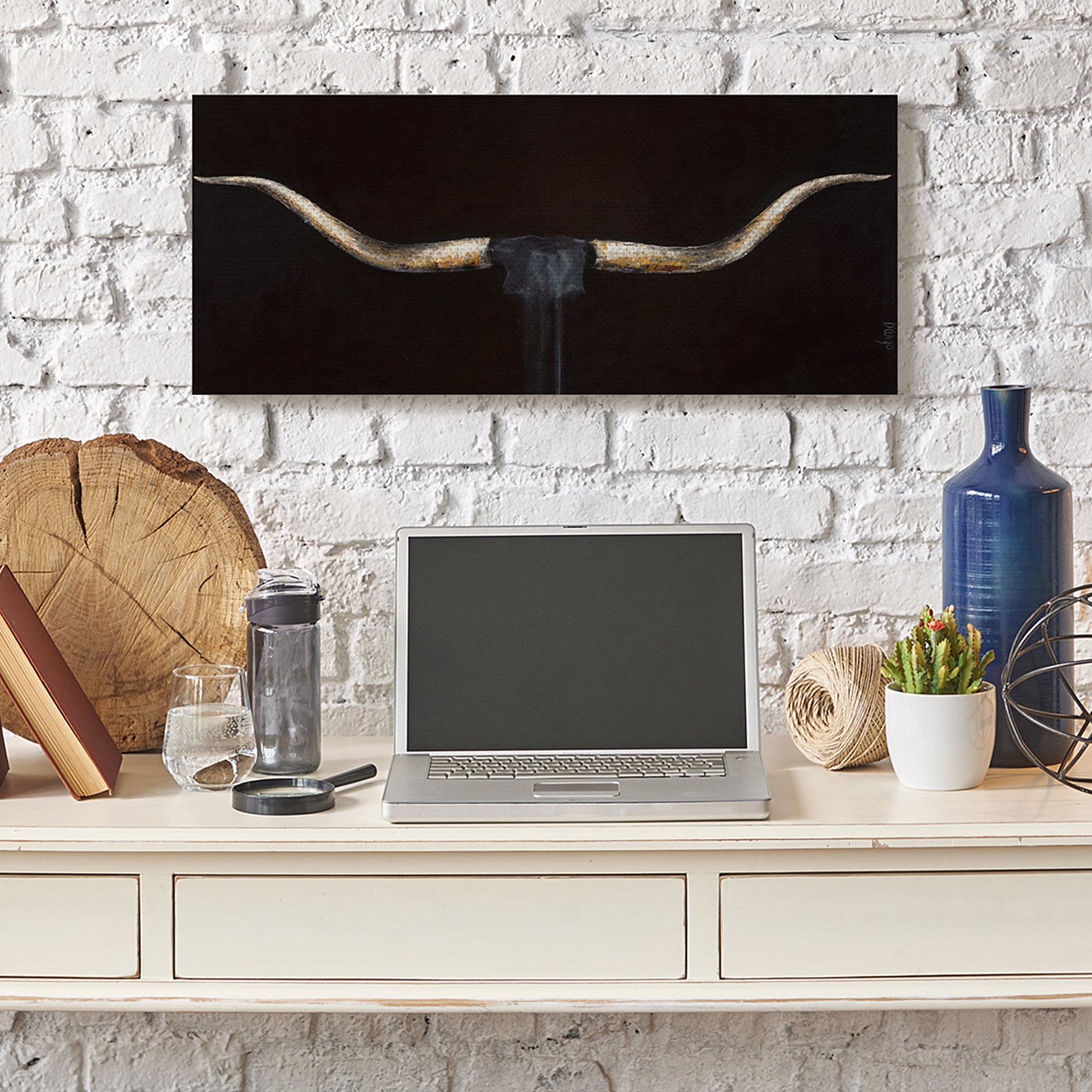 Stupell Home Décor Bull Horns Shadow Black Brown Animal Painting Canvas Wall Art by Third and Wall
