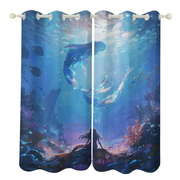 Mermaid Glitter Fish Scale Girls Curtains Aesthetic Envrionmental Friendly Picture, Living Room Bedroom Window Drapes 2 Panel Set