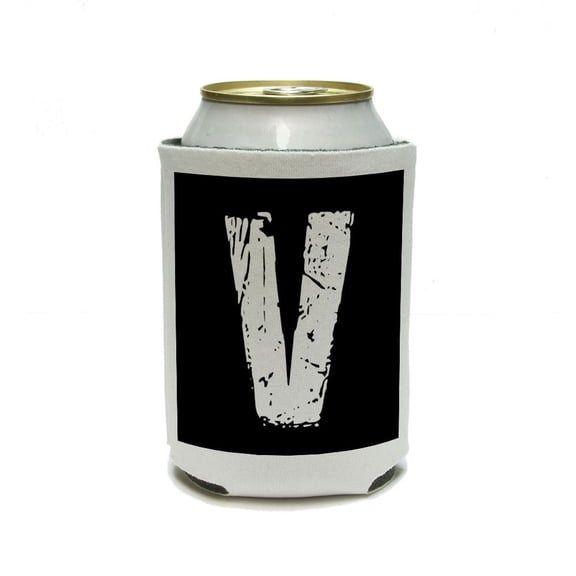 V Letter Black - White - Distressed Can Cooler Drink Insulator Beverage Insulated Holder