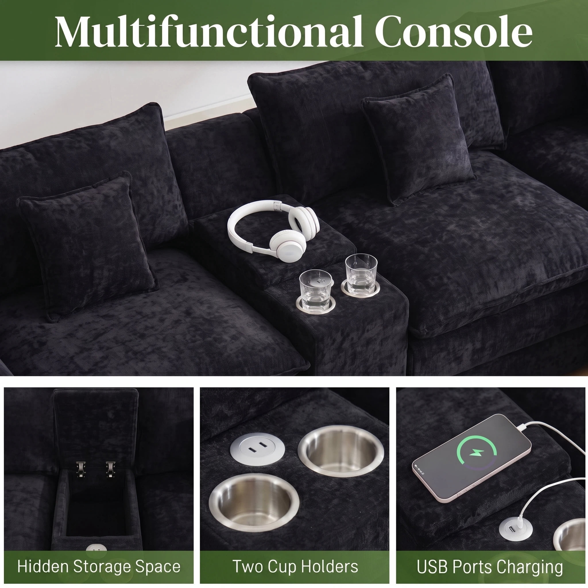 UBERLYFE 145 Inch U-Shaped Cloud Sectional Sofa, Chenille Modular Couch With Double Chaise, USB Charging Ports, Hidden Storage & Cup Holders For Living Room, Black