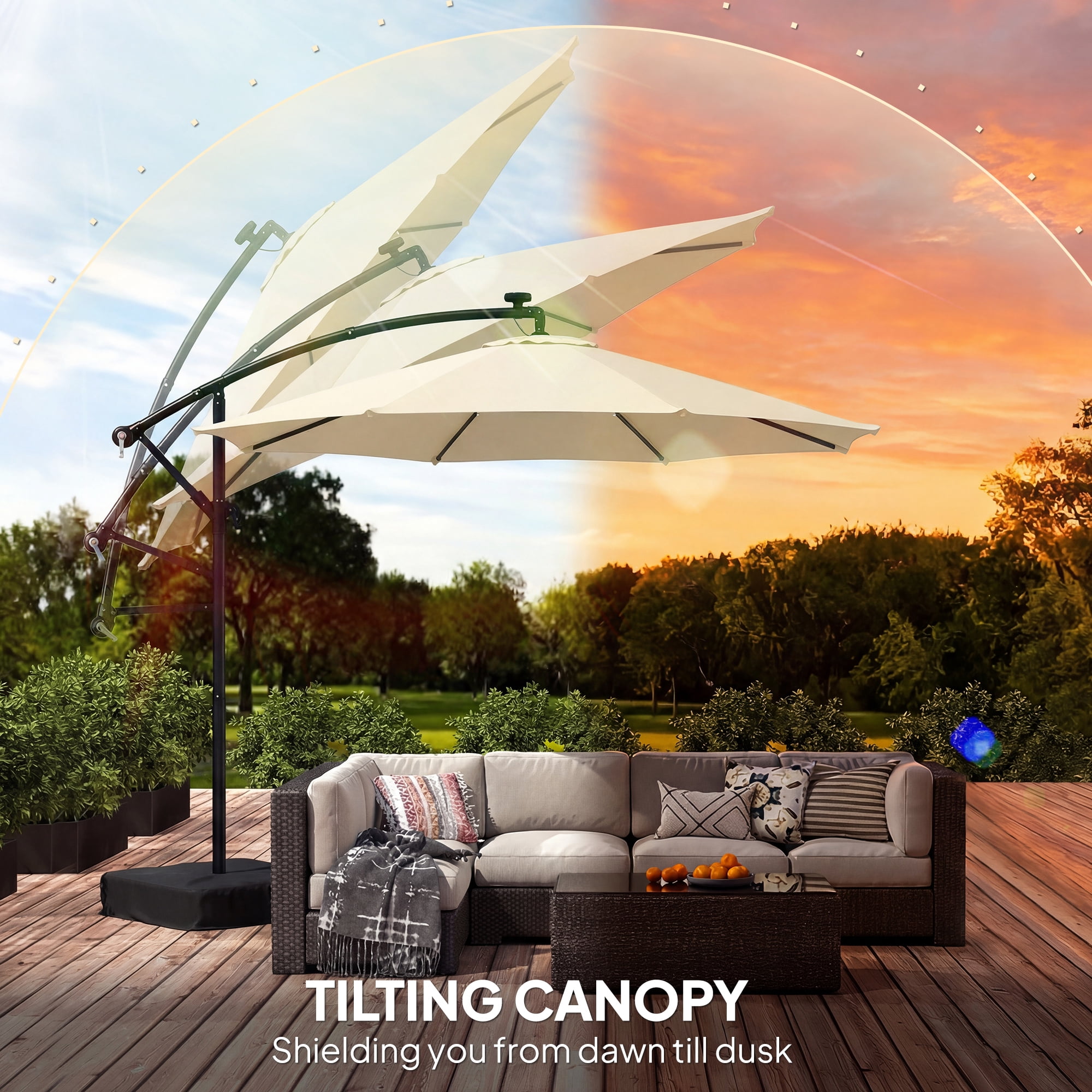 Outsunny 10 ft Cantilever Patio Umbrella with Solar LED Light, Sandbag Weight, Offset Hanging Outdoor Umbrella with Protective Cover, Cream White