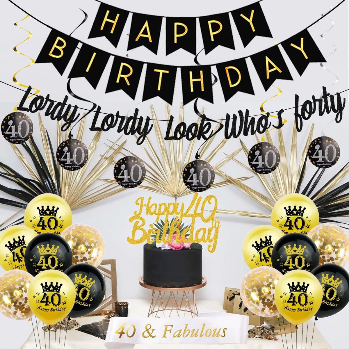 Black Gold 40th Birthday Decorations, Lordy Lordy Look Who's Forty Banner 40 Years Old Men Women Birthday Party Decorations with 40th Birthday Balloons 40 Hanging Swirl 40&Fabulous Birthday Sash