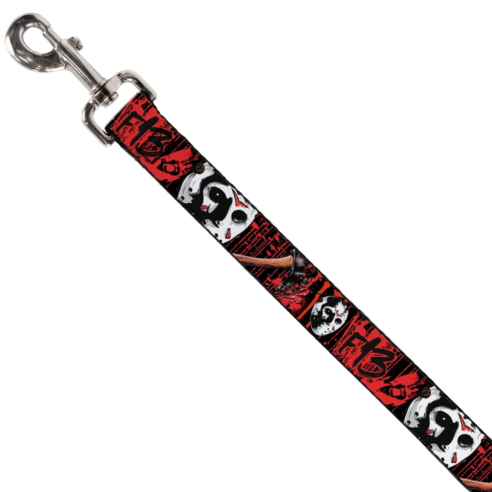 Warner Bros. Horror Movies Pet Leash, Dog Leash, Friday the 13th Jason Mask Axe Blood Splatter Black Red, 6 Feet Long 1.0 Inch Wide
