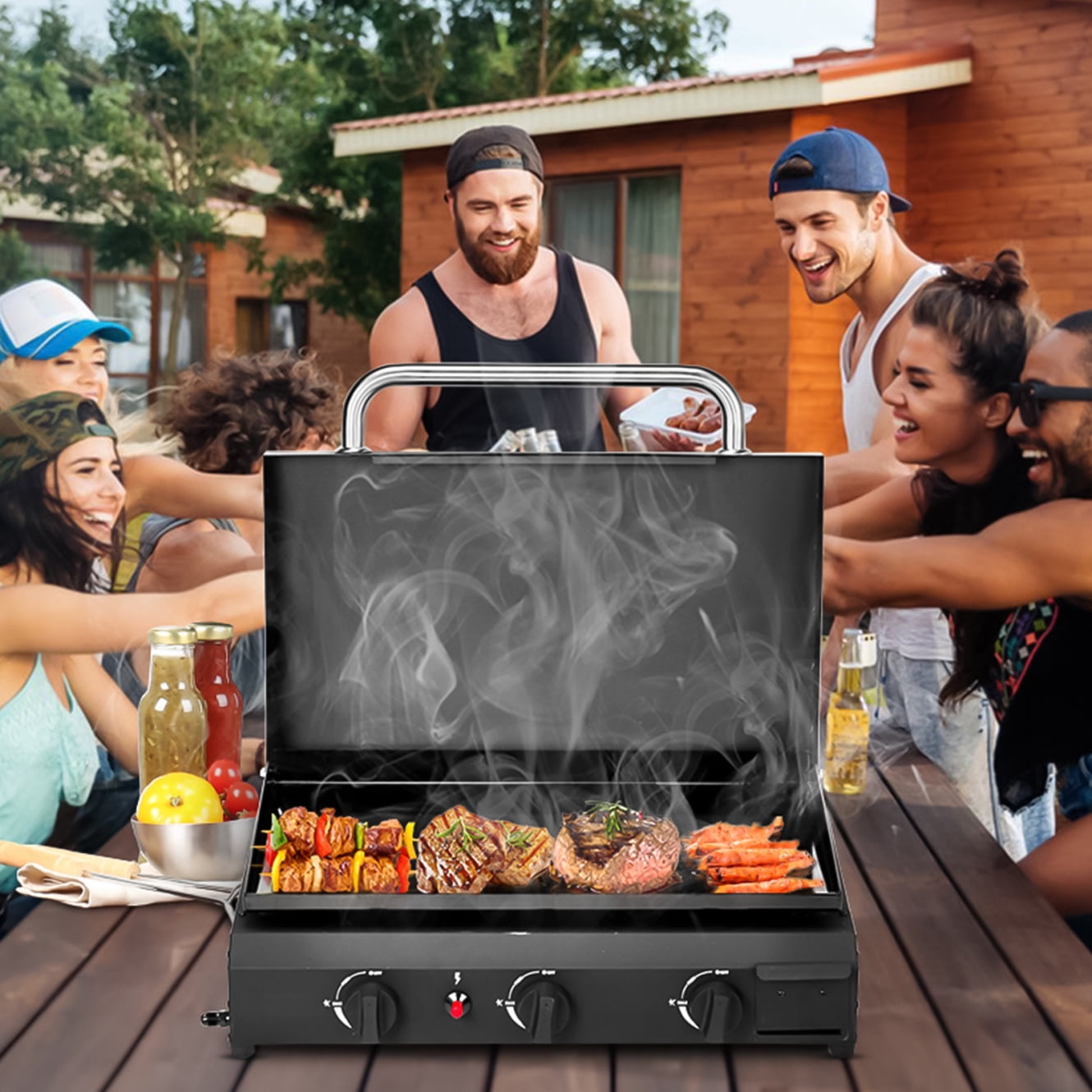 3-Burner Flat Top Gas Griddle, Portable Cooking Station with Ceramic Coated Cast Iron Pan, 30,000 BTU Propane Tabletop Griddle for Outdoor, Barbecue, Backyard, Cookout, Black