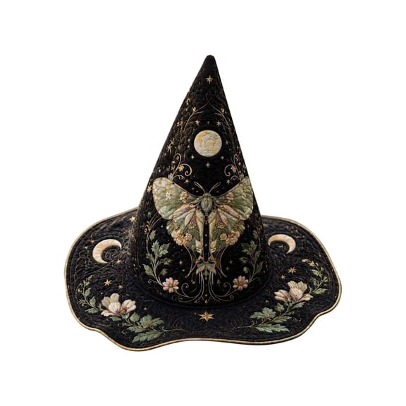 Lilixerw Halloween Witch Hat, Vintage Moth Moon Floral Printed Pointed Hat, for Home, Mantel, Table and Indoor Scene Decoration, 15.74x11.81 inch