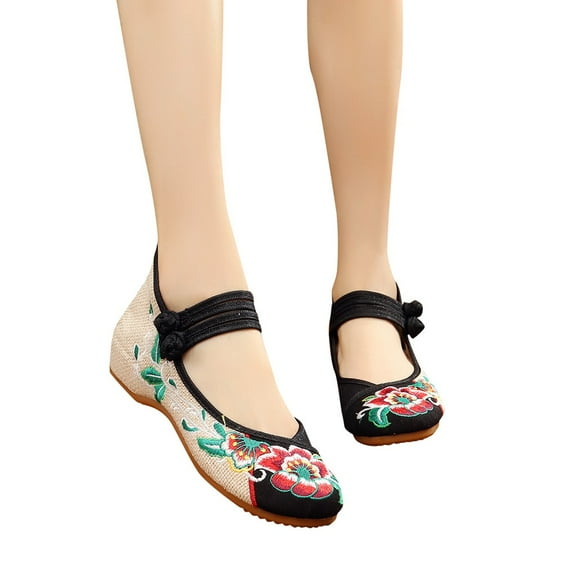 Dakaela Women's Casual Flats Chinese Embroidered Flower Traditional Mary Jane Bridal Ballet Shoes Black 5.5