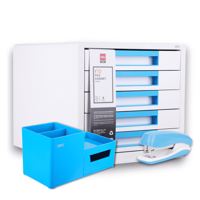 Kit Organizador de Escritorio con Portalápices Engrapadora y Archivador Deli Rio 3pz Azul