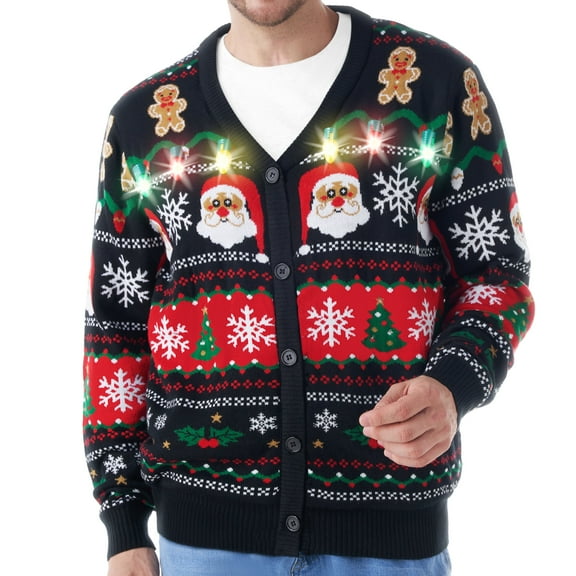 Joyfy Mens Ugly Christmas Cardigan Sweater, Mens Funny Glowing Ugly Sweater, Mens Santa Claus V Neck Cardigan Sweater