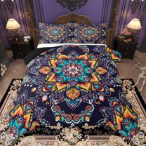 Manfei Orange Blue Damask Queen Comforter Set for Adult, Bohemian Flower Floral Bedding Sets, Hippie Mandala Style Reversible Bedding Comforter Set, Lightweight Room Decor, 3-Piece
