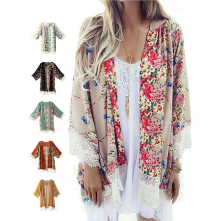 Cotton Cardigan Jacket - ZXZY Women Chiffon Kimono Coat Floral Printing Lace Cardigan Top