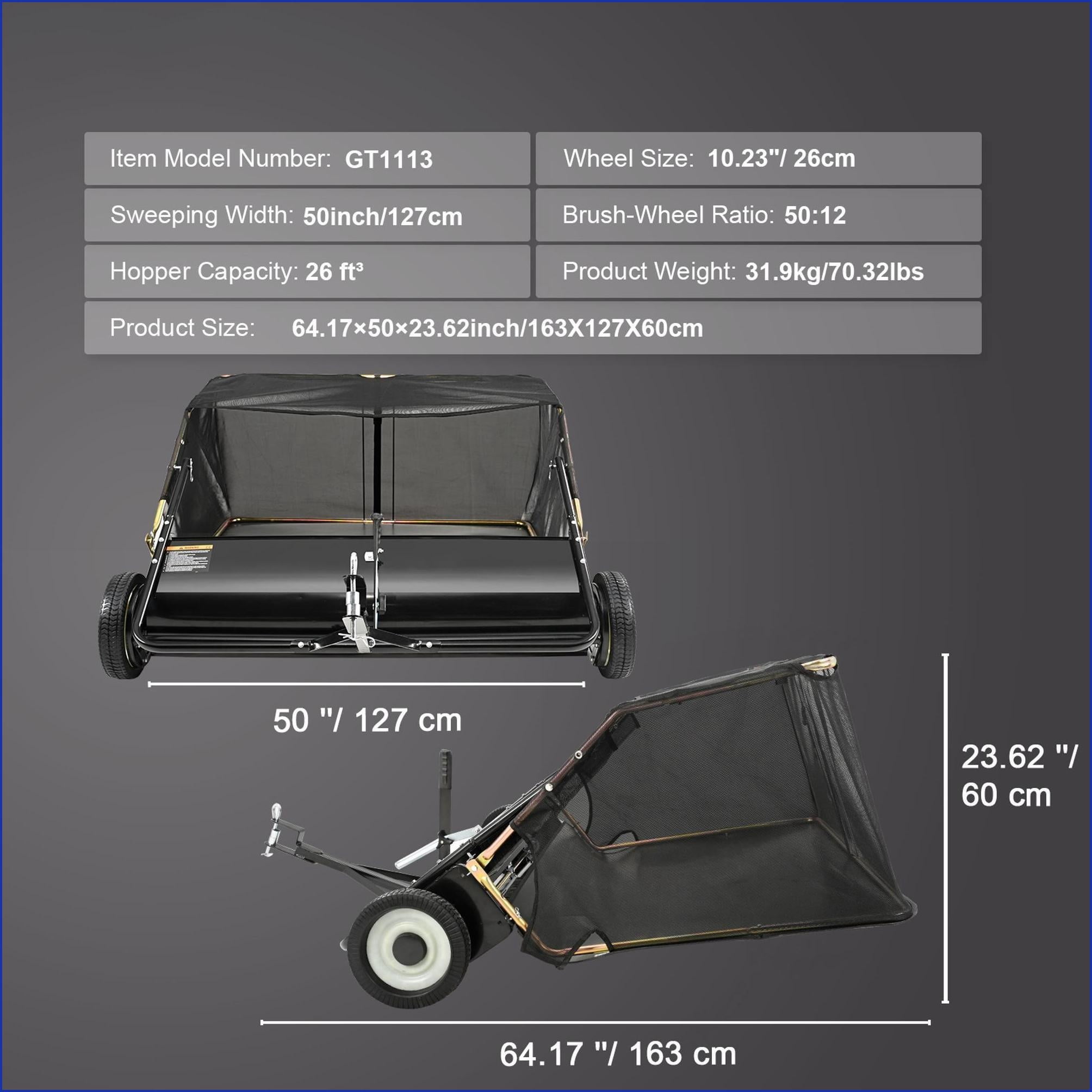 Lawn Gardening Tool | 50" Tow Behind Lawn Sweeper | 26 Cu Ft | Adjustable | For Yards Gardens | herramienta, barredora, recogedor | Black