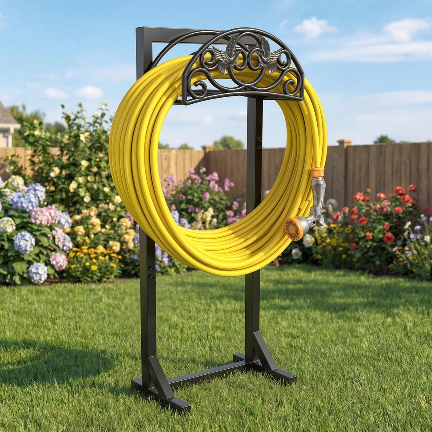 Garden Hose Holder Freestanding with 4 Spikes, Heavy Duty Metal Hose Hanger, Detachable Outdoor Hose Reel Rack Organizer