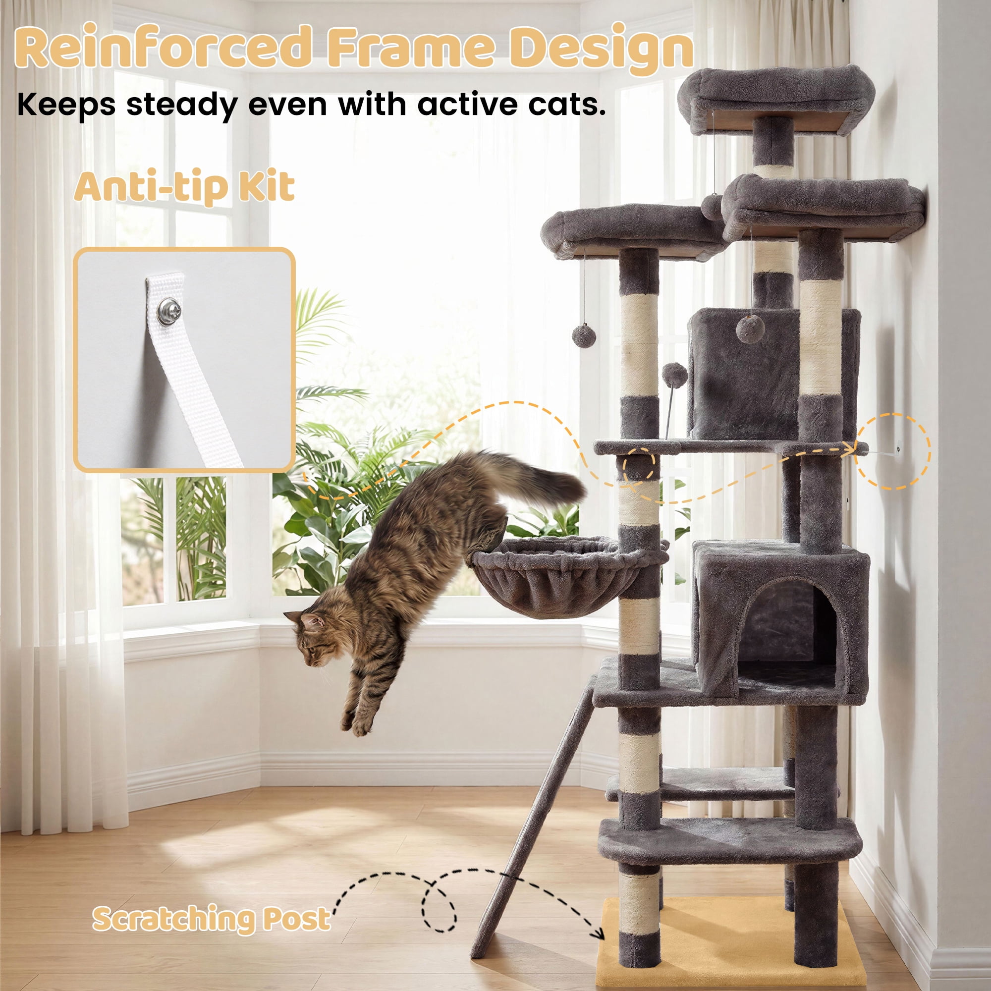 FOOWIN 70.8" Large Cat Tree, Multi-Level Cat Tower with Sisal Scratching Posts, Cat Activity Center Cat Play House, Dark Blue