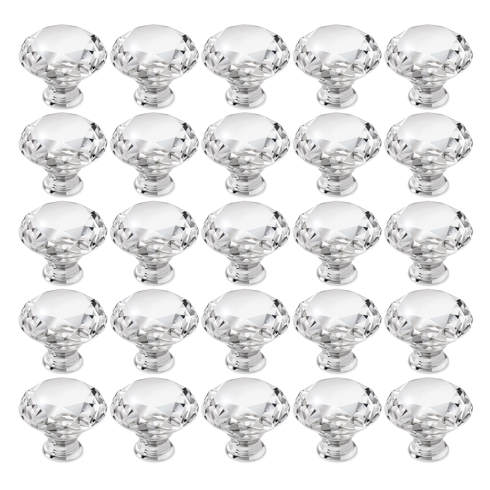 Cauldham 25 Pack Premium Glass Crystal Kitchen Cabinet Knobs Pulls (1-5/8" Diameter) - Dresser Drawer/Door Hardware - Style C444