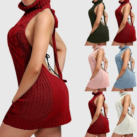 Elainilye Fashion Women Backless Nightdress Long Tie Open Turtleneck Sleeveless Sweater Dress Nighties,Blue