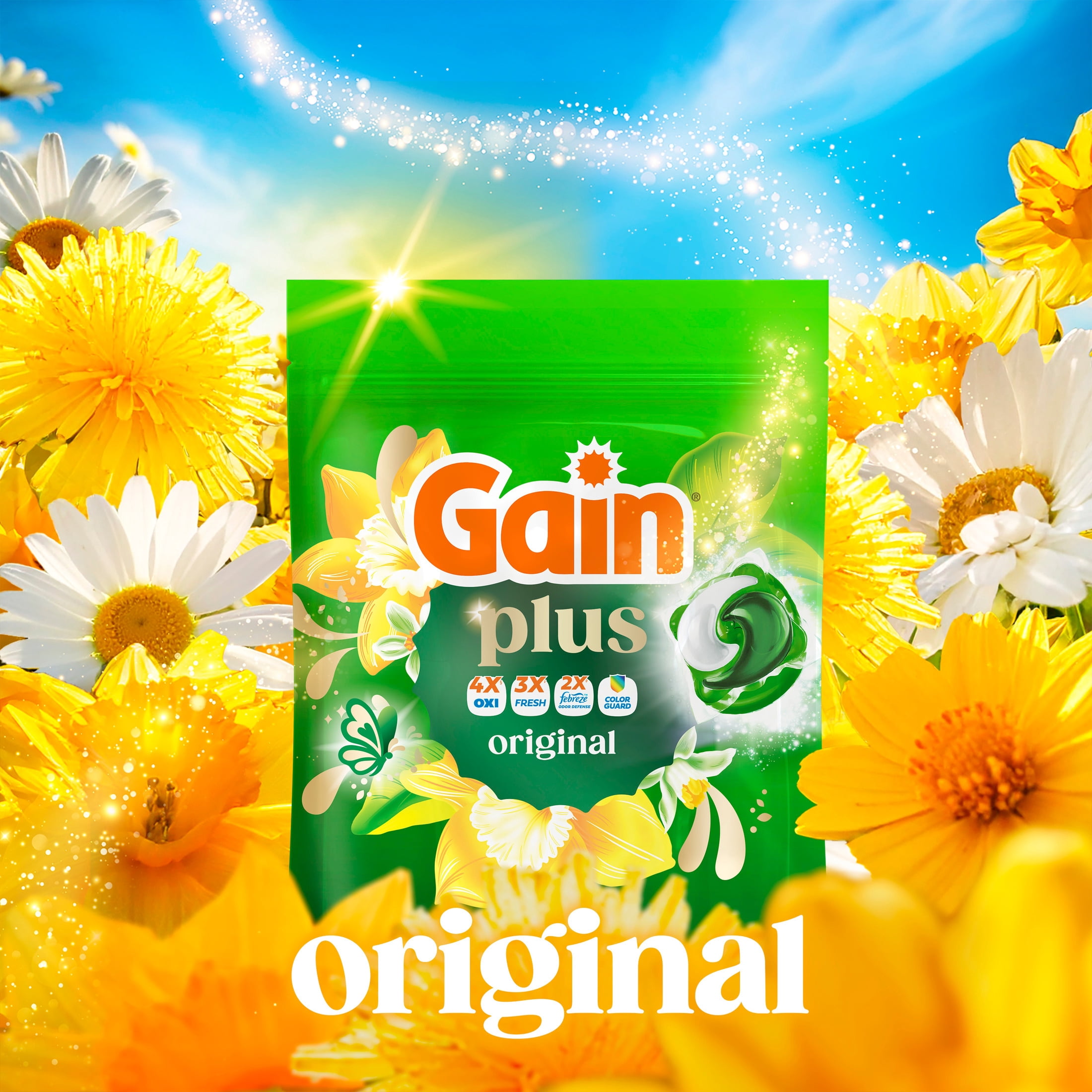 (4 pack) Gain Plus Flings Laundry Detergent Liquid Washing Pacs, Gain's Best All-In-One Clean, Original Scent, 18 Count