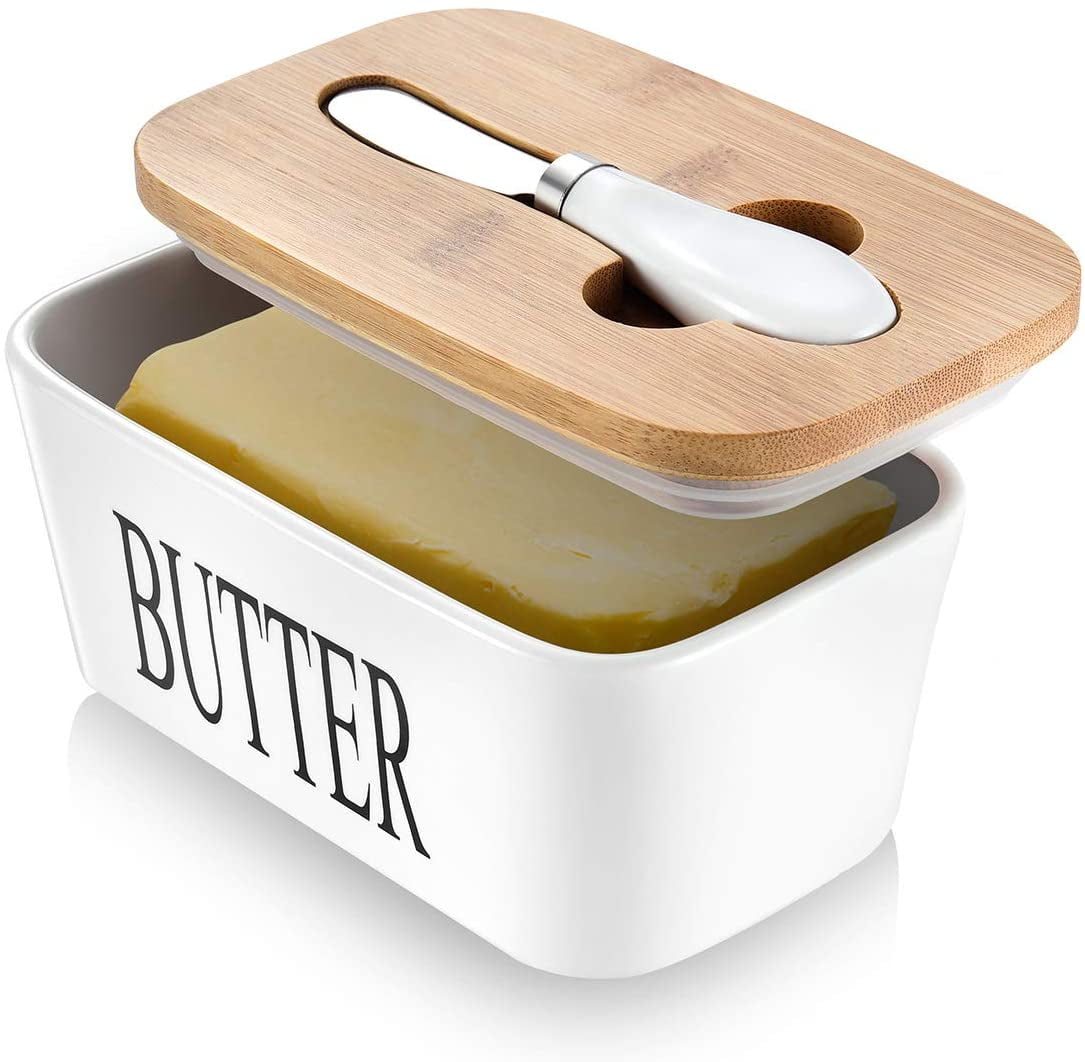 Large Butter Keeper Container for Counter Butter Holder with Cover for Kitchen Butter Dish with Bamboo Lid and Knife