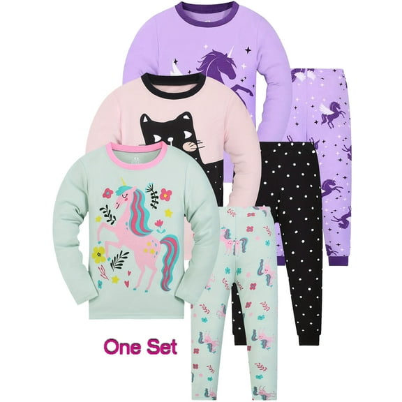 WIBACKER 2-Piece Long Sleeve Pajamas Christmas Sleepwear Unicorn Pjs Cotton for Baby, Toddler, Little Girls 2-9 Years