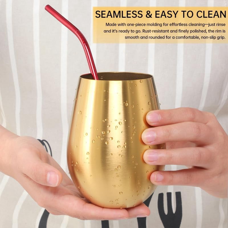 Buyer Star 304 Stainless Steel Wine Glasses Set of 4 - Gold 17 oz Outdoor Wine Tumblers