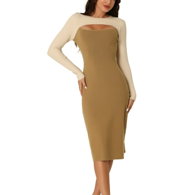 Vestido midi de corte con cuello redondo de manga larga para mujer Inspire Chic, vestido de suéter de bloques de color XL Beige-Khaki