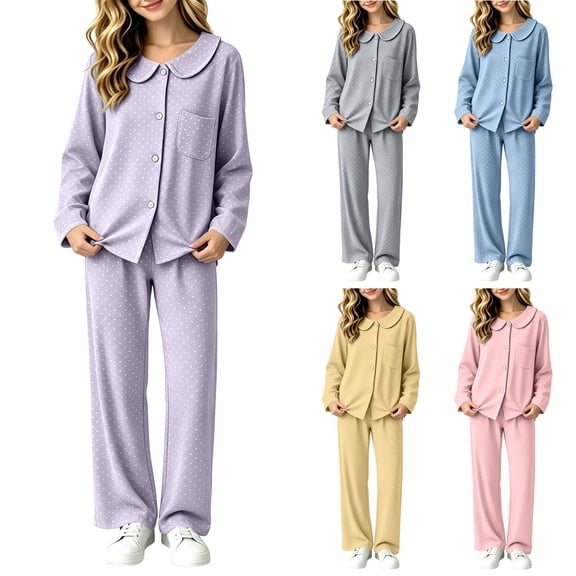 Bovxnpu Boys Girls Sleepwear Set Long Sleeve Collared Cardigan Top and Pants Homewear Outfits