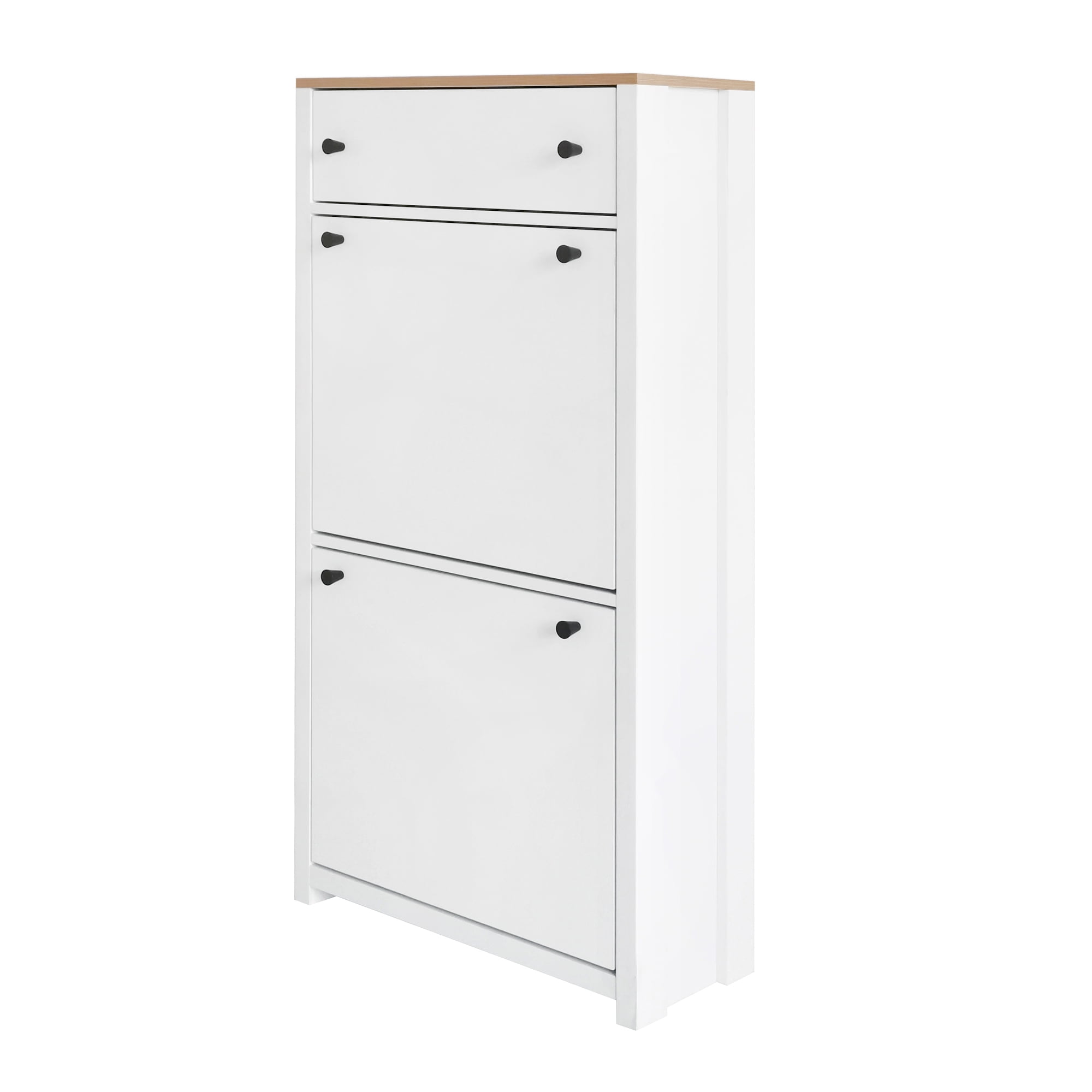 MAYEERTY Functional Entryway Organizer with 2 Flip Drawers, Wood Grain Pattern Top Shoe Cabinet with Drawer, Free Standing Shoe Rack with Adjustable Panel for Hallway, White