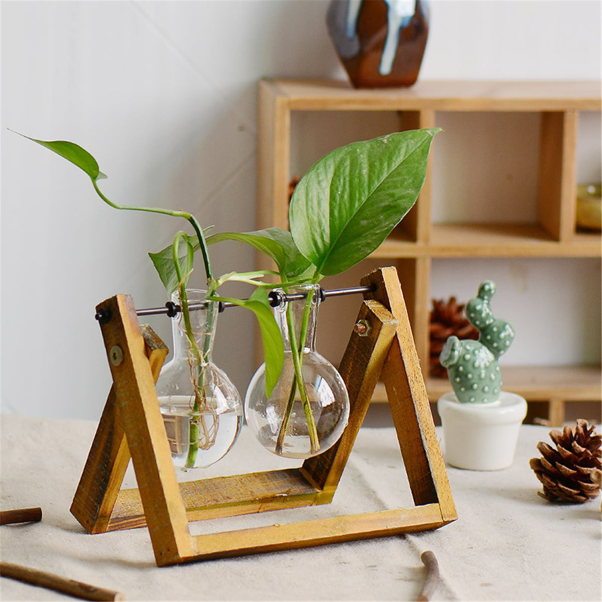 Hydroponics Plant Glass Triple Stand with Post Terrarium Vase Container Planter Pot with Wooden Stand PANuYIN Modern Triple Balls Desk Vase