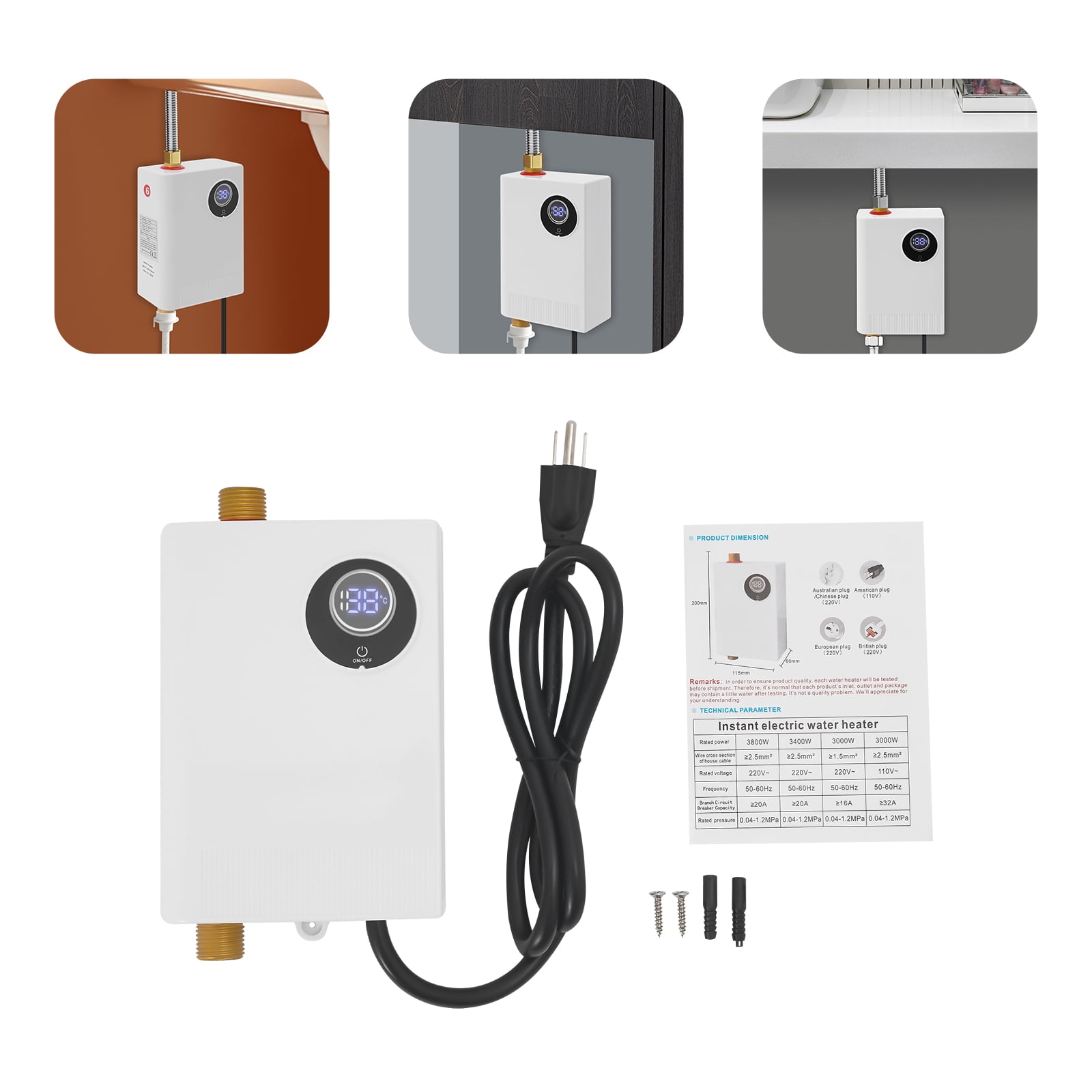 Electric Mini Instant Water Heater Tankless Water Heater On Demand Under Sink Hot Water Heater for Kitchen White 3000W
