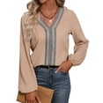 thumbnail image 3 of QAFOPEH Women Contrast Color Guipure Lace V Neck Long Sleeve Textured Top, 3 of 7