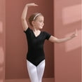 thumbnail image 3 of XBASW Toddler Kids Ballet Leotards for Girls Solid Color Gymnastics Short Sleeve Dance Biketards Outfits with Bow Back 3-11T, 3 of 9