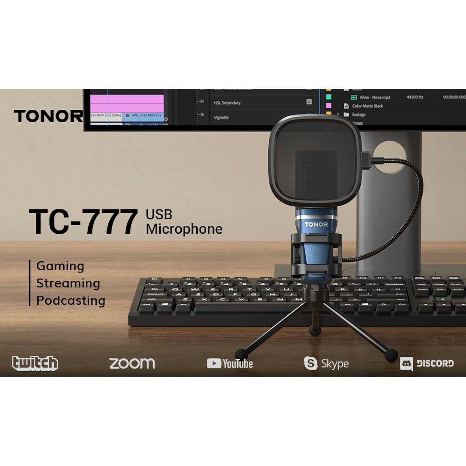 TONOR TC-777 Podcast Microphone, USB Computer Microphone, Cardioid Condenser PC Mic with Tripod Stand and Pop Filter for Podcasting, Streaming, Vocal Recording, Compatible with PC & Laptop, PS4/5