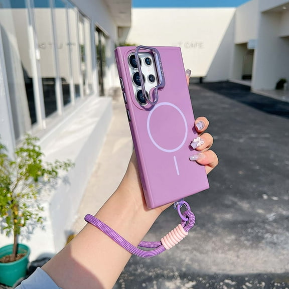 For Samsung Galaxy S25 Edge Magnetic Phone Case,Compatible with Mag-Safe,With Contractile Lens Ring Kickstand,Wrist Strap,Shockproof Rugged Anti-Scratch Ultra Slim Thin Fit Phone Case,Purple
