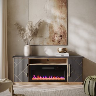fireplace dresser VINGLI TV Stand with Fabric Drawer, Entertainment Center with LED Lights and Industrial TV Console Table with Open Storage Shelves for Living Room, Bedroom The aesthetic is earthy yet clean and sophisticated with a rustic finish plank Trinell Dresser with Electric Fireplace