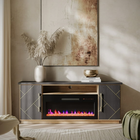 BELLEZE 68 Inch Electric Fireplace TV Stand With Gold Grim, Elegant Entertainment Center With Storage, Media Console With Drawers & Open Shelves for Living Room, Bedroom Home Theater (Espresso Black)