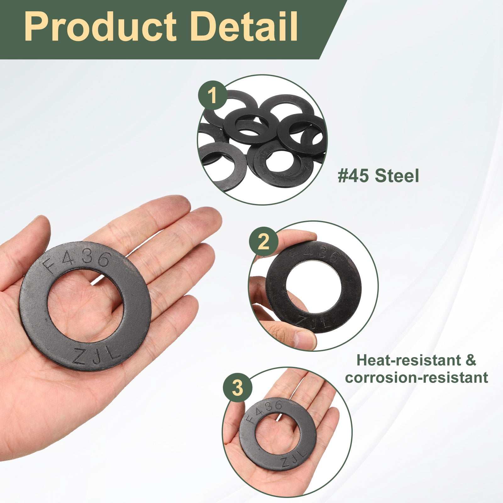 10 Pcs 1-3/8" Black Flat Washers, 68mm Outer Diameter, 45 Steel Metal Washer for Screws and Bolts