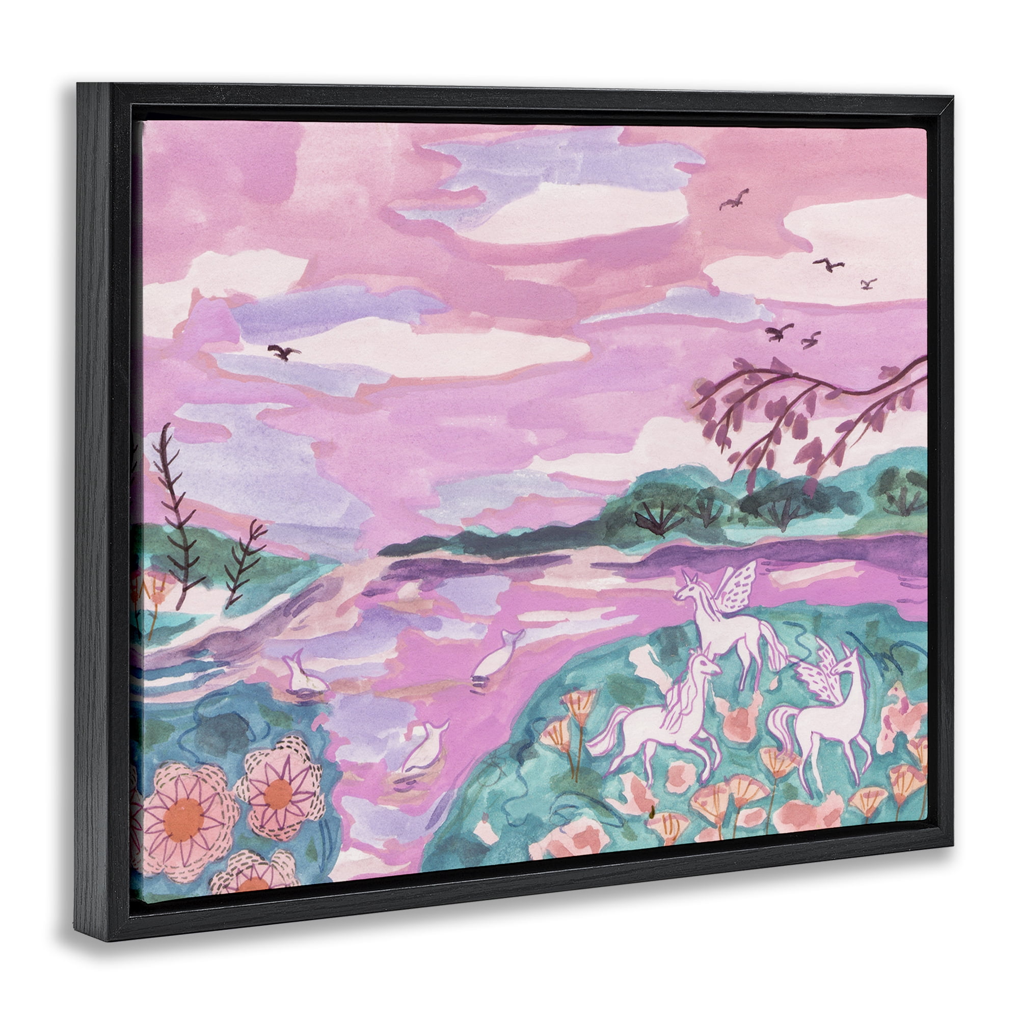 Stupell Industries Pink Whimsical Unicorns Fantasy & Sci-Fi Painting Black Floater Framed Canvas Art Print Wall Art, 21 x 17