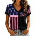 thumbnail image 2 of Women's Casual Breast Cancer Awareness T-Shirt, Pink Ribbon American Flag Graphic Tee, Women's Crew Neck Short Sleeve Printed T-Shirt for Daily Wear, October Campaign Support Black L, 2 of 4