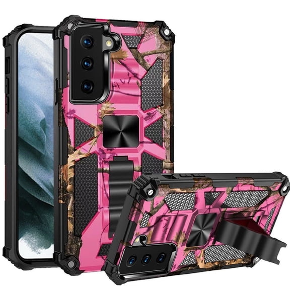 Machine Shield Case for Samsung Galaxy S21 FE (Heavy Duty Shockproof Protective Armor with Magnetic Kickstand) and Keychain Touch Tool - Camo Pink