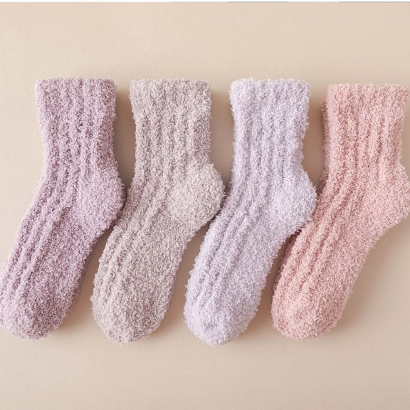 Fewfanhot Women's 4-Pack Winter Fleece Socks - Thick Warm Mid-Tube Fluffy Solid Color Design Cute Cozy Floor Socks