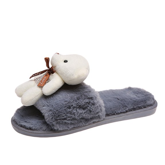 NOKIO Cute Fuzzy House Slippers for Women Fashion Doll B𝖾𝖺r Plush Slides Comfy Open Top F𝗅u𝖿𝖿y Slipper Winter Home Flat Slides Warm Casual Cotton Slippers for Indoor and Outdoor
