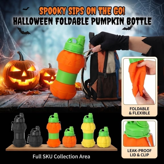Sports Water Bottle, Halloween Cups for Party, Portable Water Bottle, Hiking Water Bottle, Bright Orange Halloween Pumpkin Design -Grade Silicone Sliding Leak-Proof Water Cup,