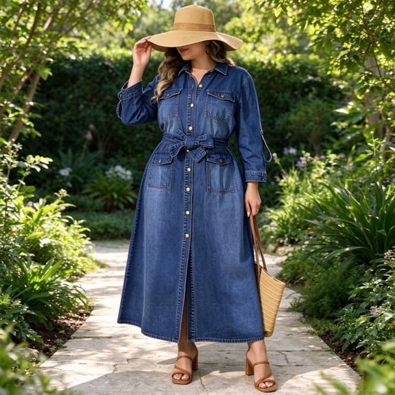 Deep Blue Plus Size Denim Dress for Women, Lapel Button Front Belted Maxi Dress for Work and Casual