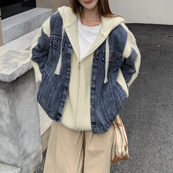 USSUMA Jeans Jacket for Women Winter Hooded Fleece Lined Thick Warm Loose Drawstring Windproof Denim Outwear for Weekend Outing Adventure Travel Trip XXXXL Blue