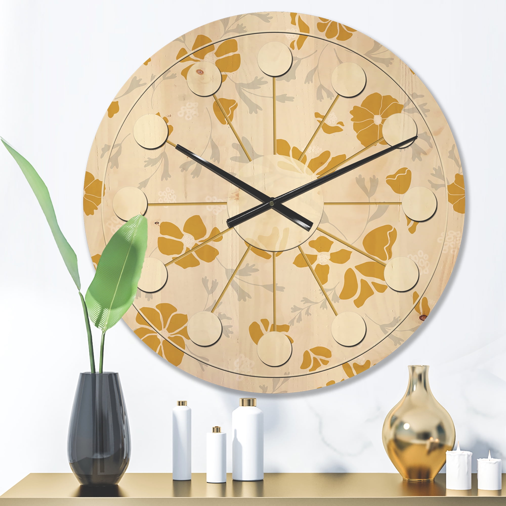 Designart 'Retro Abstract Poppies III' Mid-Century Modern Wood Wall Clock